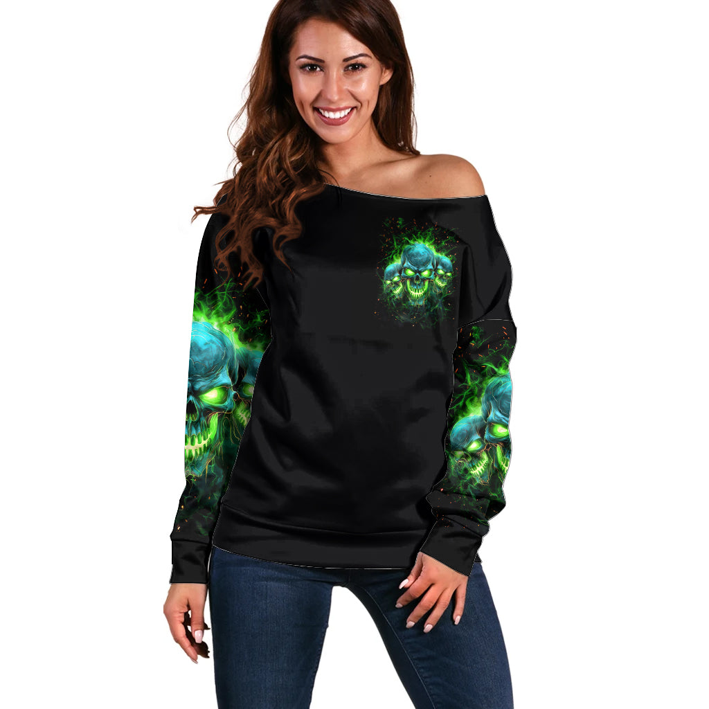 Flame Skull Off Shoulder Sweater I'm Never Alone My Demons Are Wit Me 24/7 - Wonder Print Shop
