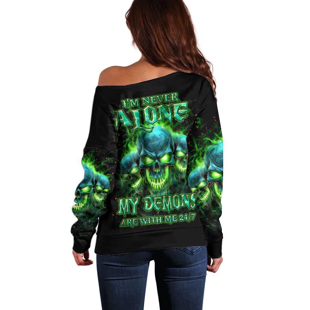 Flame Skull Off Shoulder Sweater I'm Never Alone My Demons Are Wit Me 24/7 - Wonder Print Shop
