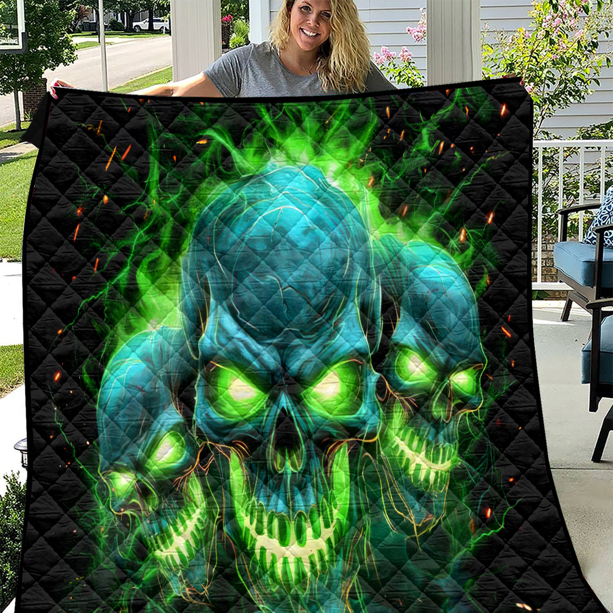 Flame Skull Quilt I'm Never Alone My Demons Are Wit Me 24/7 - Wonder Print Shop