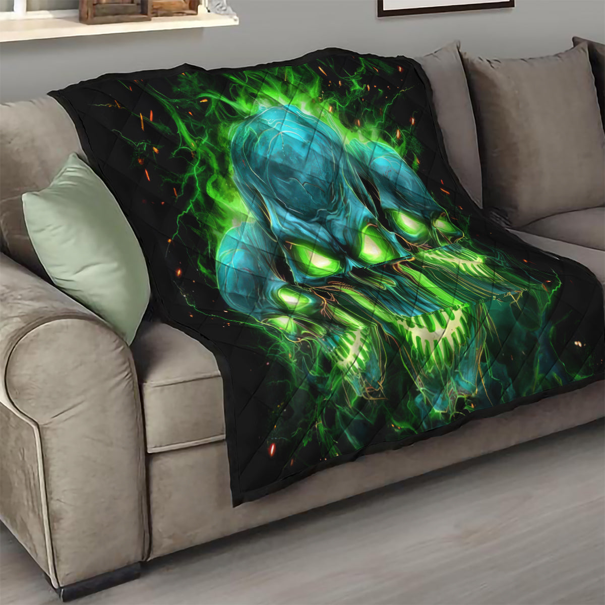 Flame Skull Quilt I'm Never Alone My Demons Are Wit Me 24/7 - Wonder Print Shop