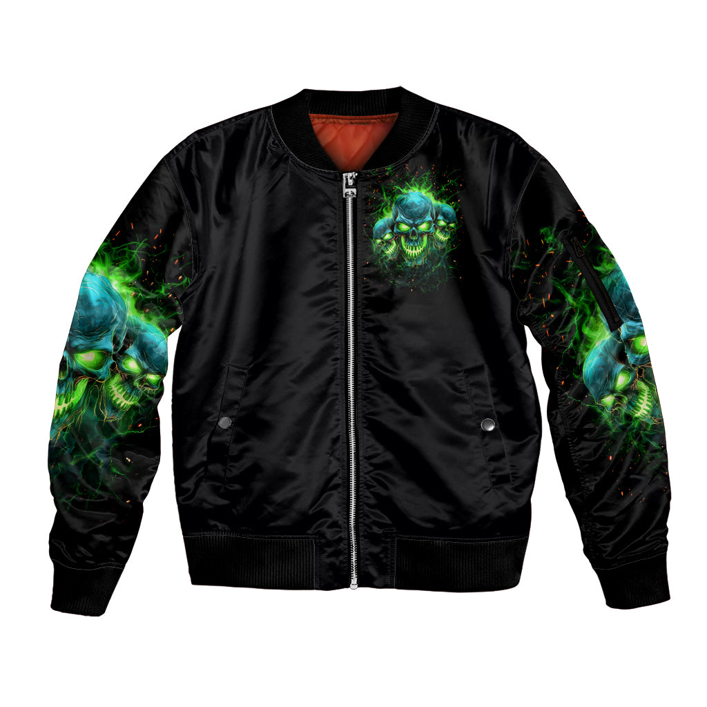 Flame Skull Sleeve Zip Bomber Jacket I'm Never Alone My Demons Are Wit Me 24/7 - Wonder Print Shop