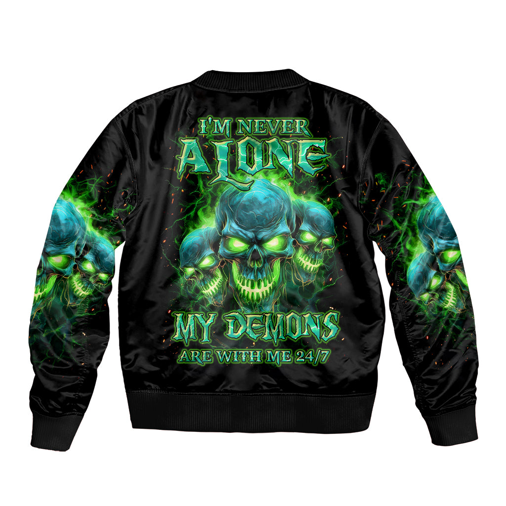 Flame Skull Sleeve Zip Bomber Jacket I'm Never Alone My Demons Are Wit Me 24/7 - Wonder Print Shop