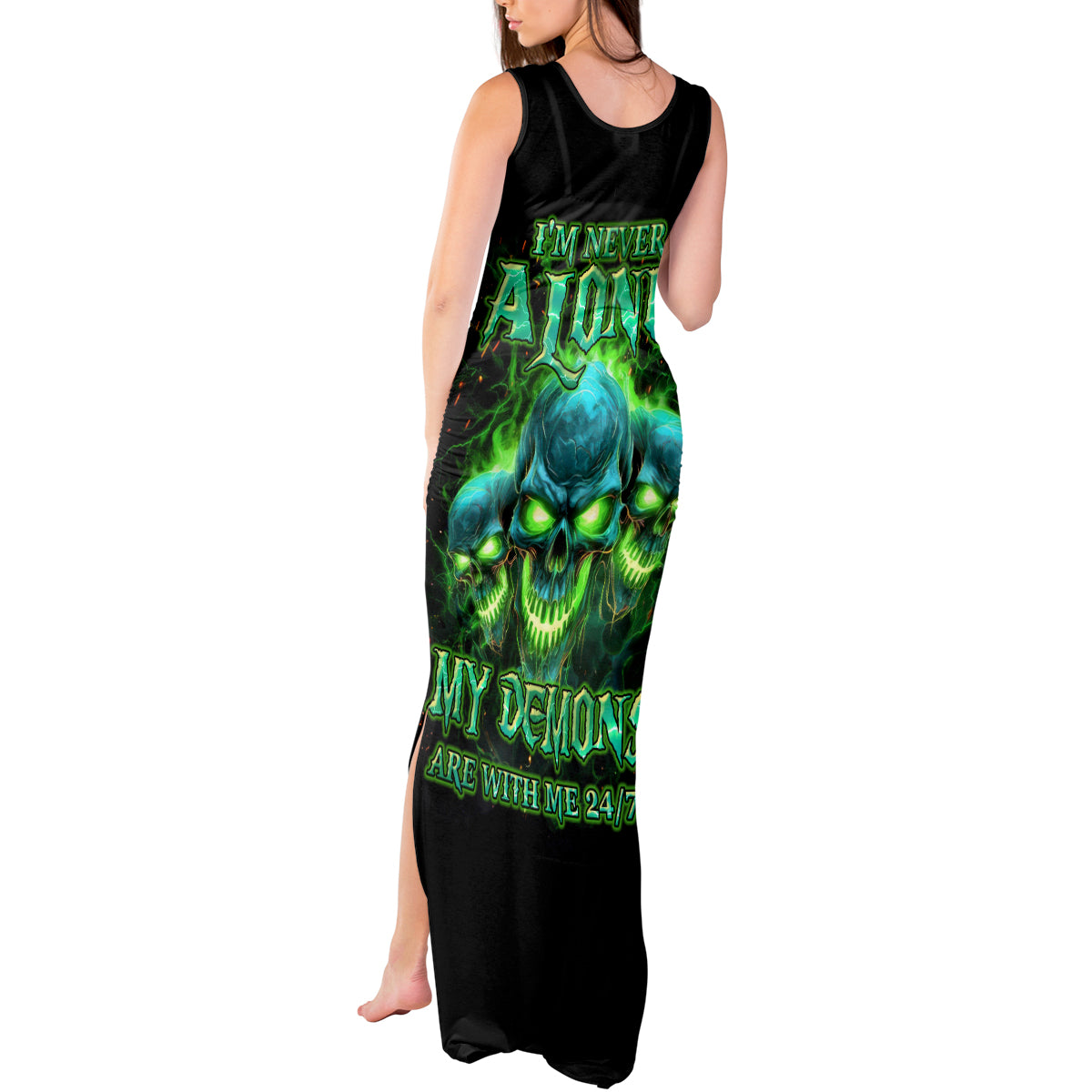 Flame Skull Tank Maxi Dress I'm Never Alone My Demons Are Wit Me 24/7 - Wonder Print Shop