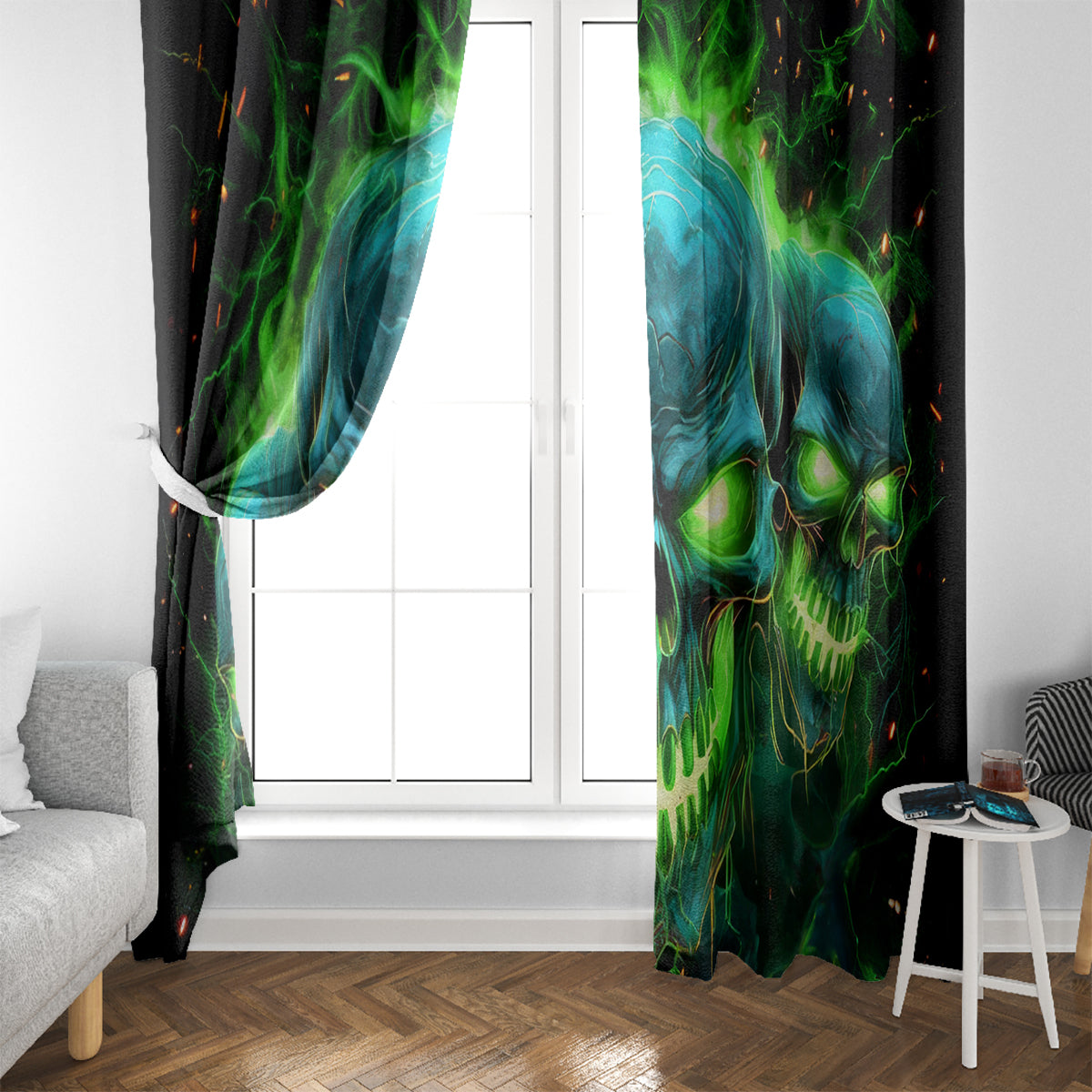 Flame Skull Window Curtain I'm Never Alone My Demons Are Wit Me 24/7 - Wonder Print Shop
