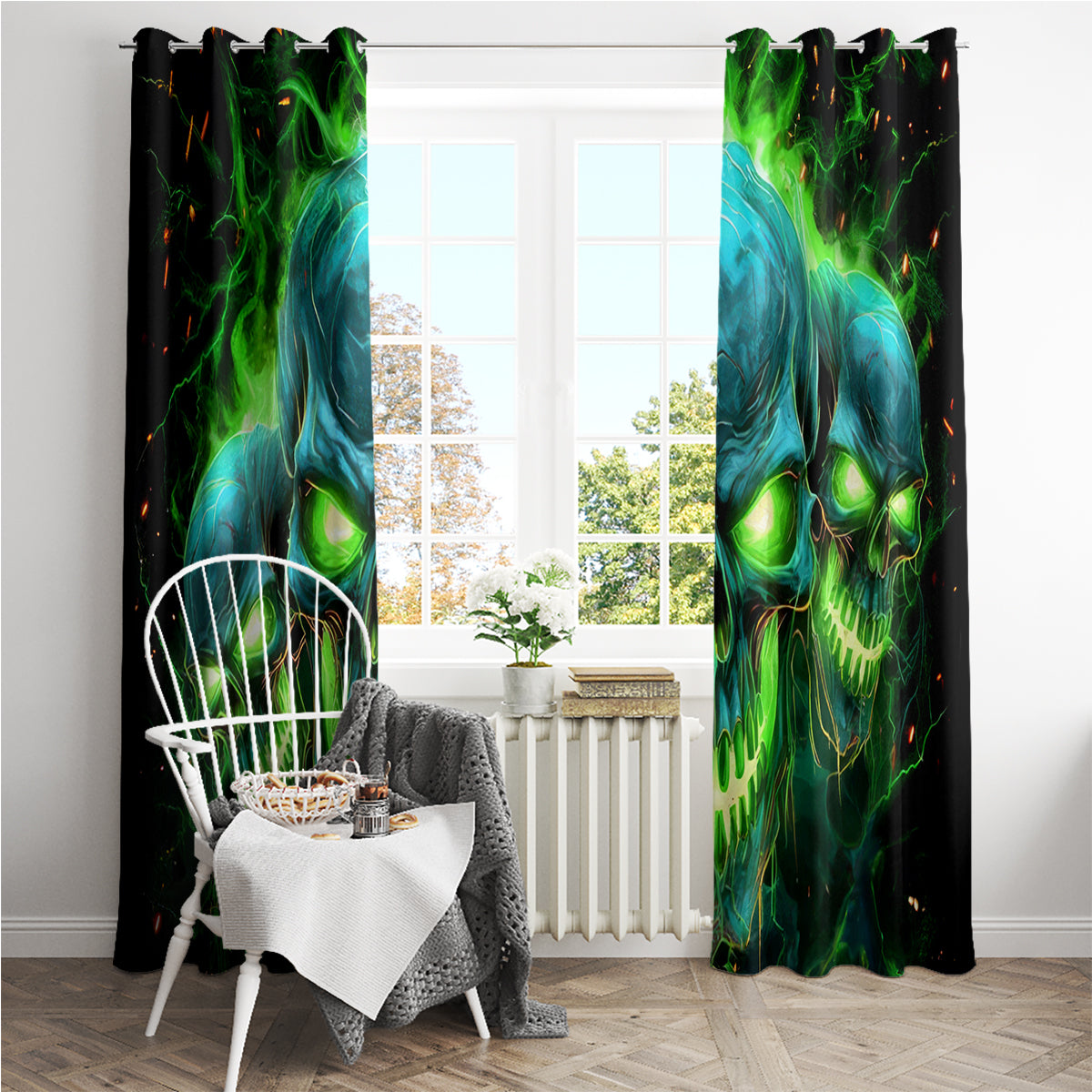Flame Skull Window Curtain I'm Never Alone My Demons Are Wit Me 24/7 - Wonder Print Shop