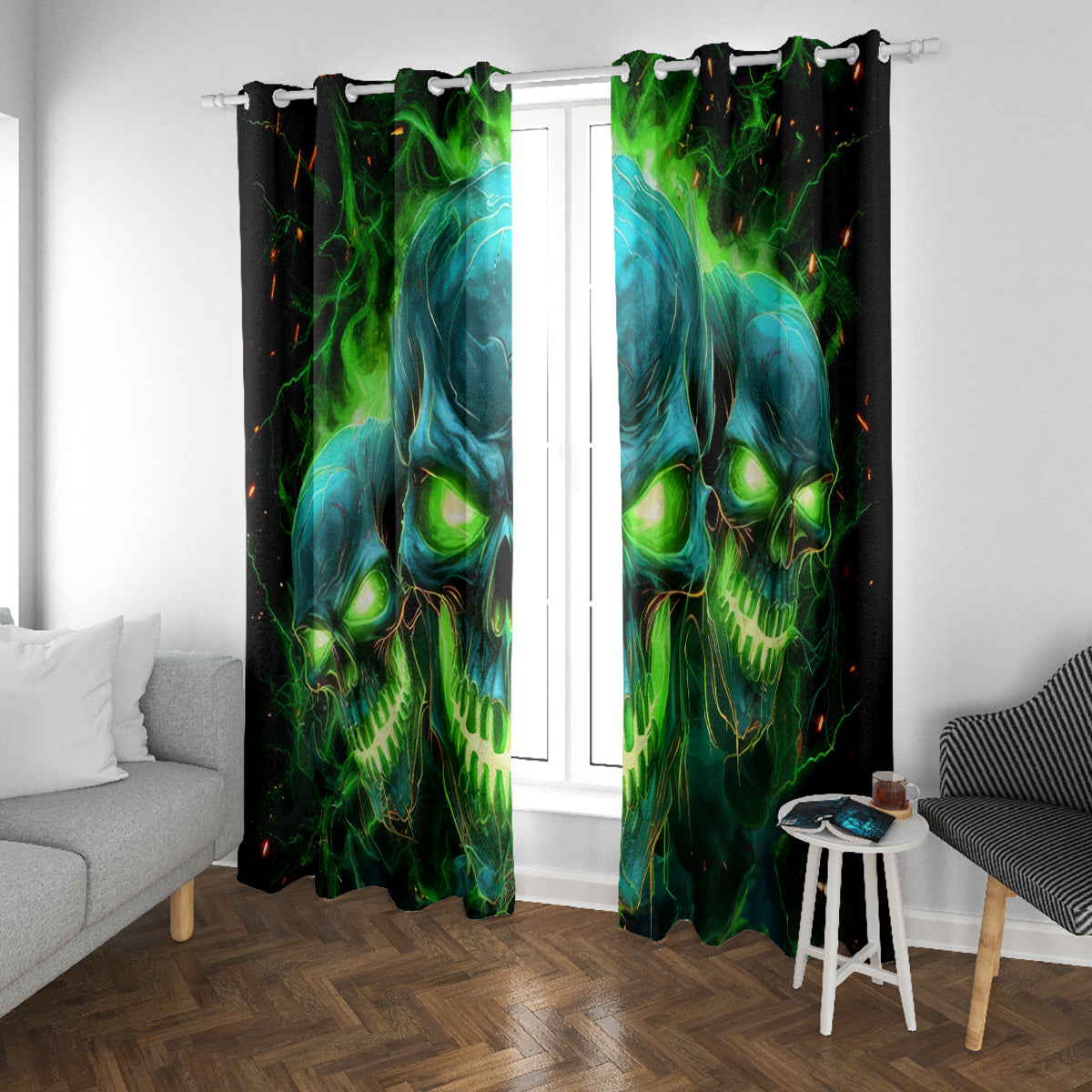 Flame Skull Window Curtain I'm Never Alone My Demons Are Wit Me 24/7 - Wonder Print Shop