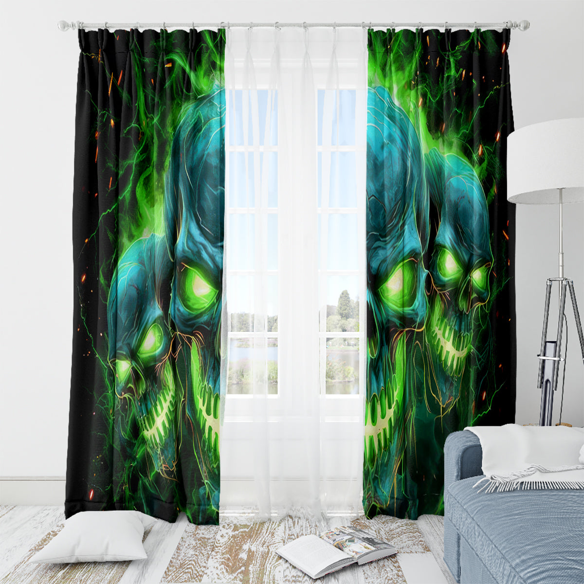 Flame Skull Window Curtain I'm Never Alone My Demons Are Wit Me 24/7 - Wonder Print Shop