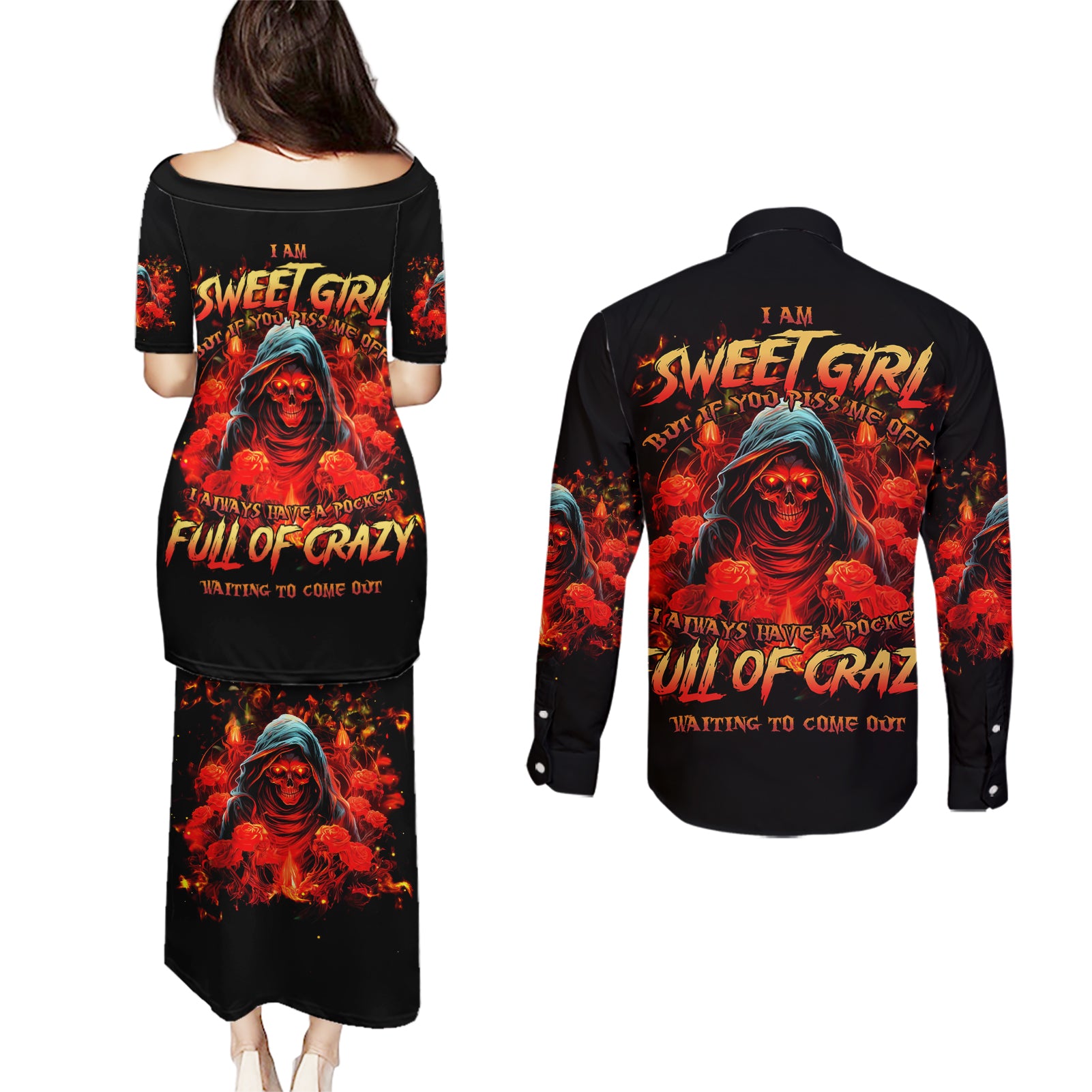 Rose Skull Couples Matching Puletasi and Long Sleeve Button Shirt Iam Sweet Girl But If You Piss Me Off - Wonder Print Shop