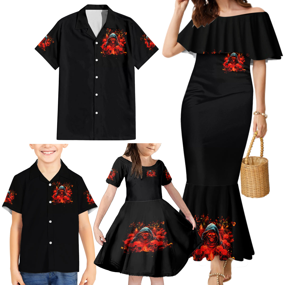 Rose Skull Family Matching Mermaid Dress and Hawaiian Shirt Iam Sweet Girl But If You Piss Me Off - Wonder Print Shop