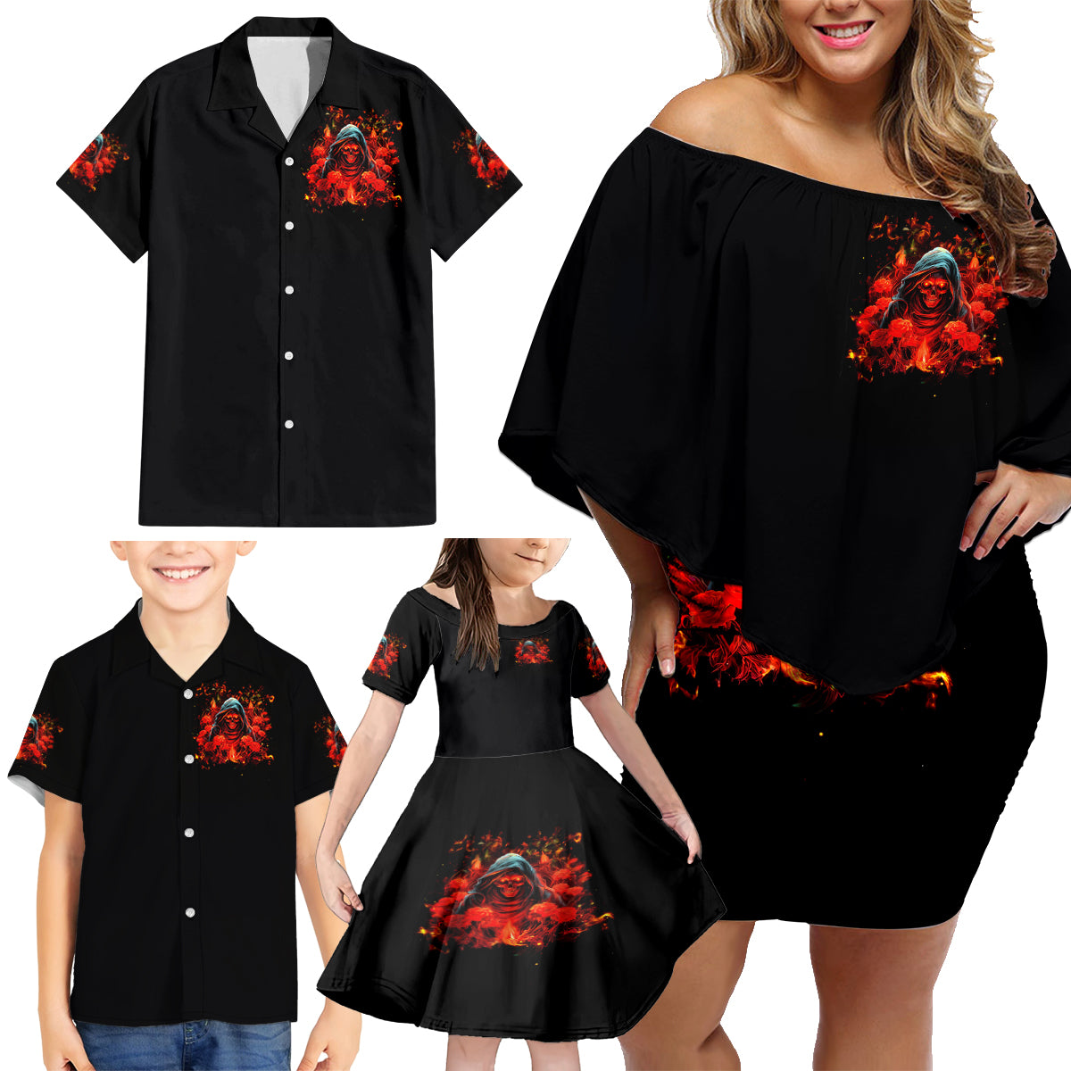 Rose Skull Family Matching Off Shoulder Short Dress and Hawaiian Shirt Iam Sweet Girl But If You Piss Me Off - Wonder Print Shop