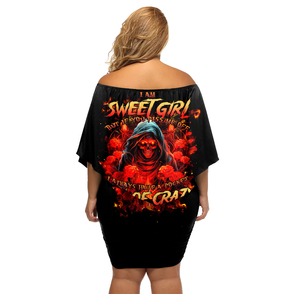Rose Skull Family Matching Off Shoulder Short Dress and Hawaiian Shirt Iam Sweet Girl But If You Piss Me Off - Wonder Print Shop