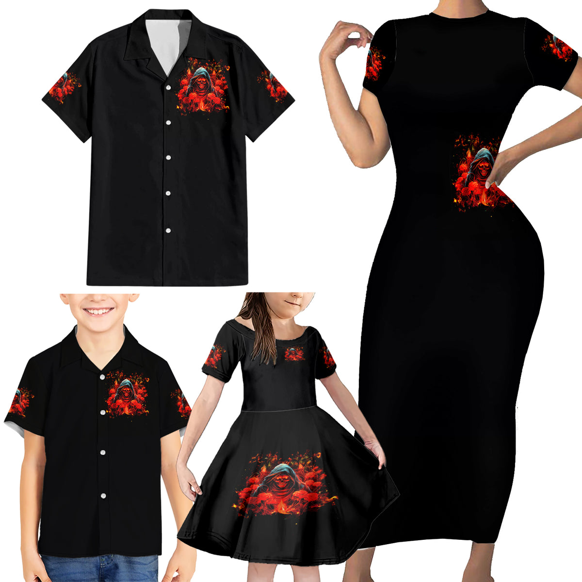 Rose Skull Family Matching Short Sleeve Bodycon Dress and Hawaiian Shirt Iam Sweet Girl But If You Piss Me Off - Wonder Print Shop