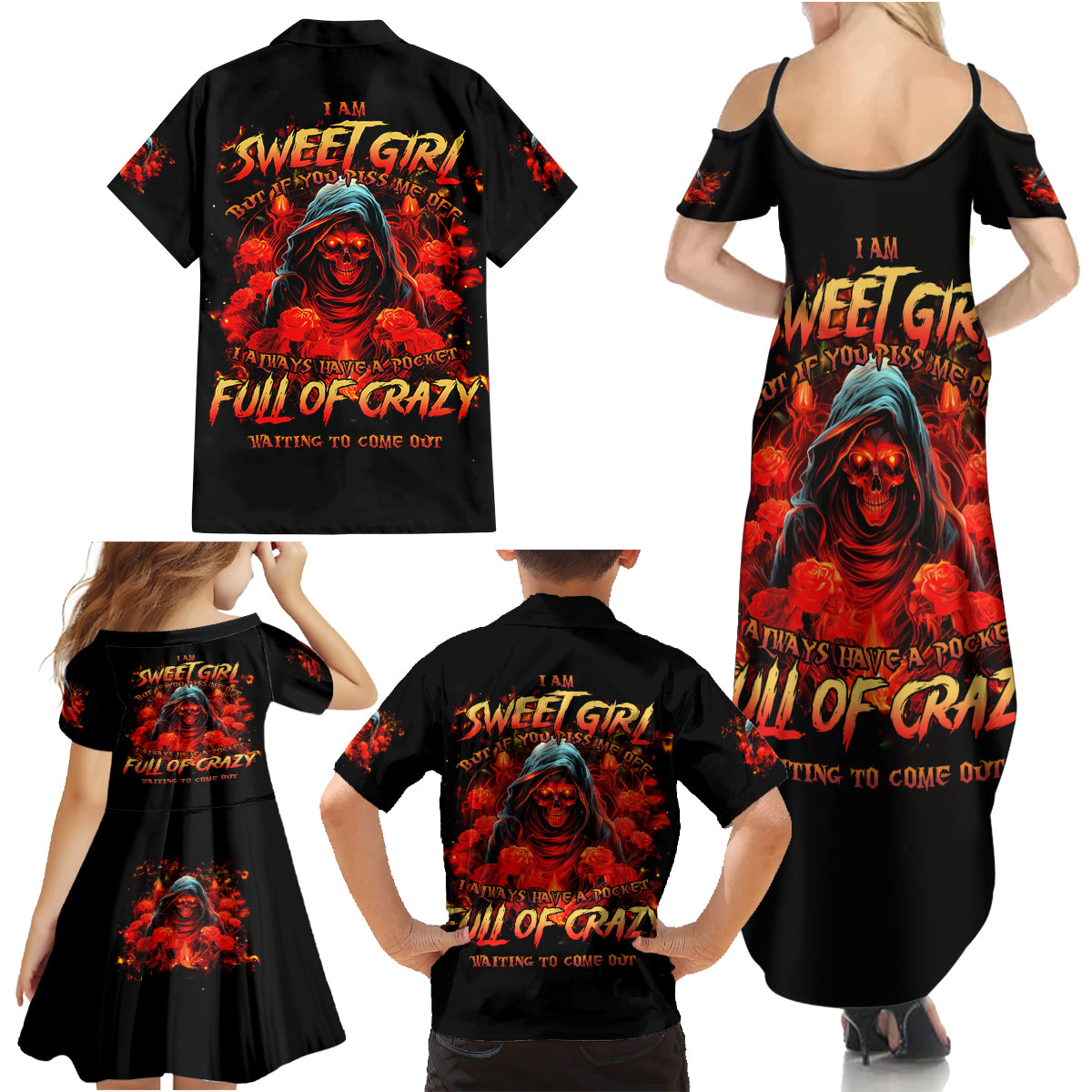 Rose Skull Family Matching Summer Maxi Dress and Hawaiian Shirt Iam Sweet Girl But If You Piss Me Off - Wonder Print Shop