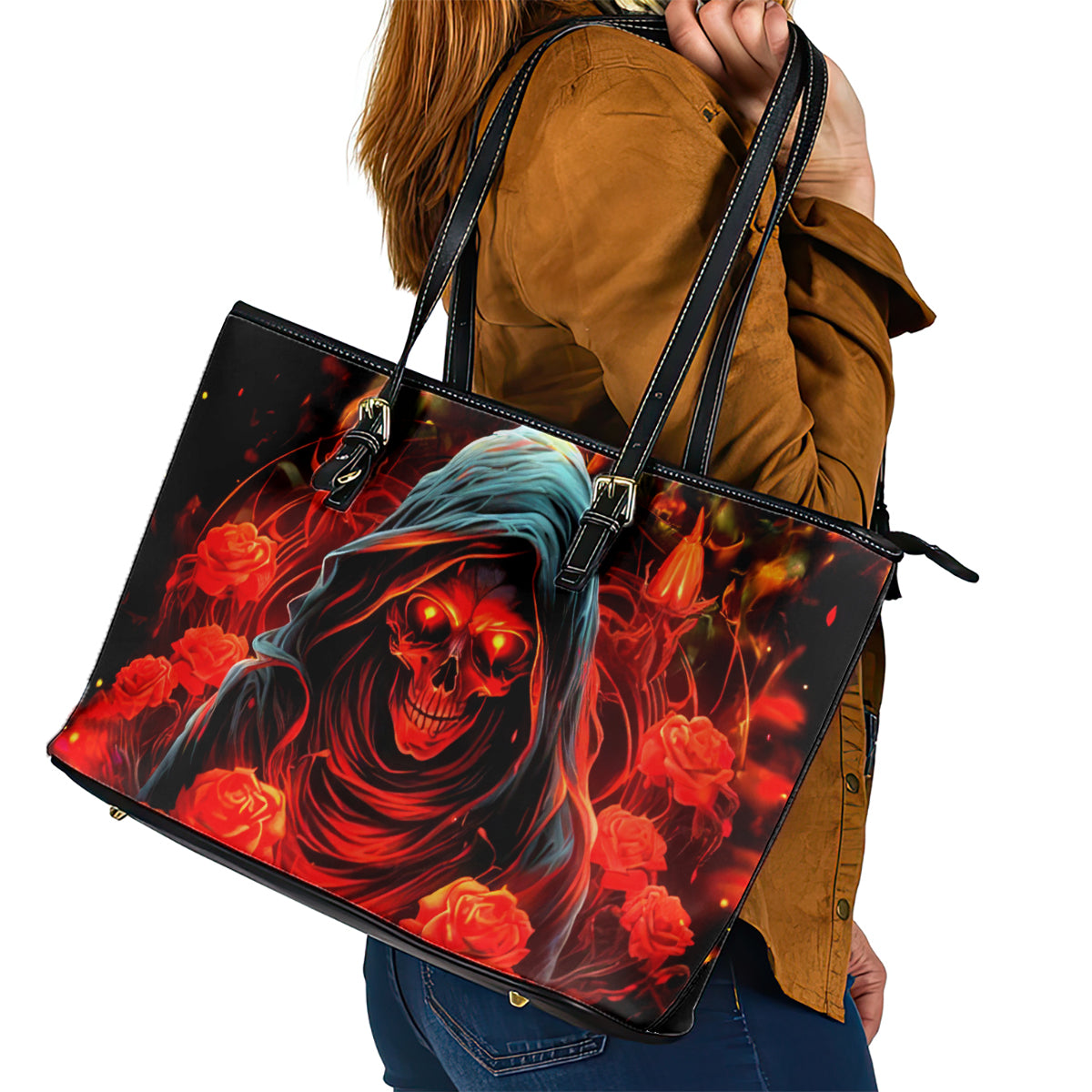 Rose Skull Leather Tote Bag Iam Sweet Girl But If You Piss Me Off - Wonder Print Shop