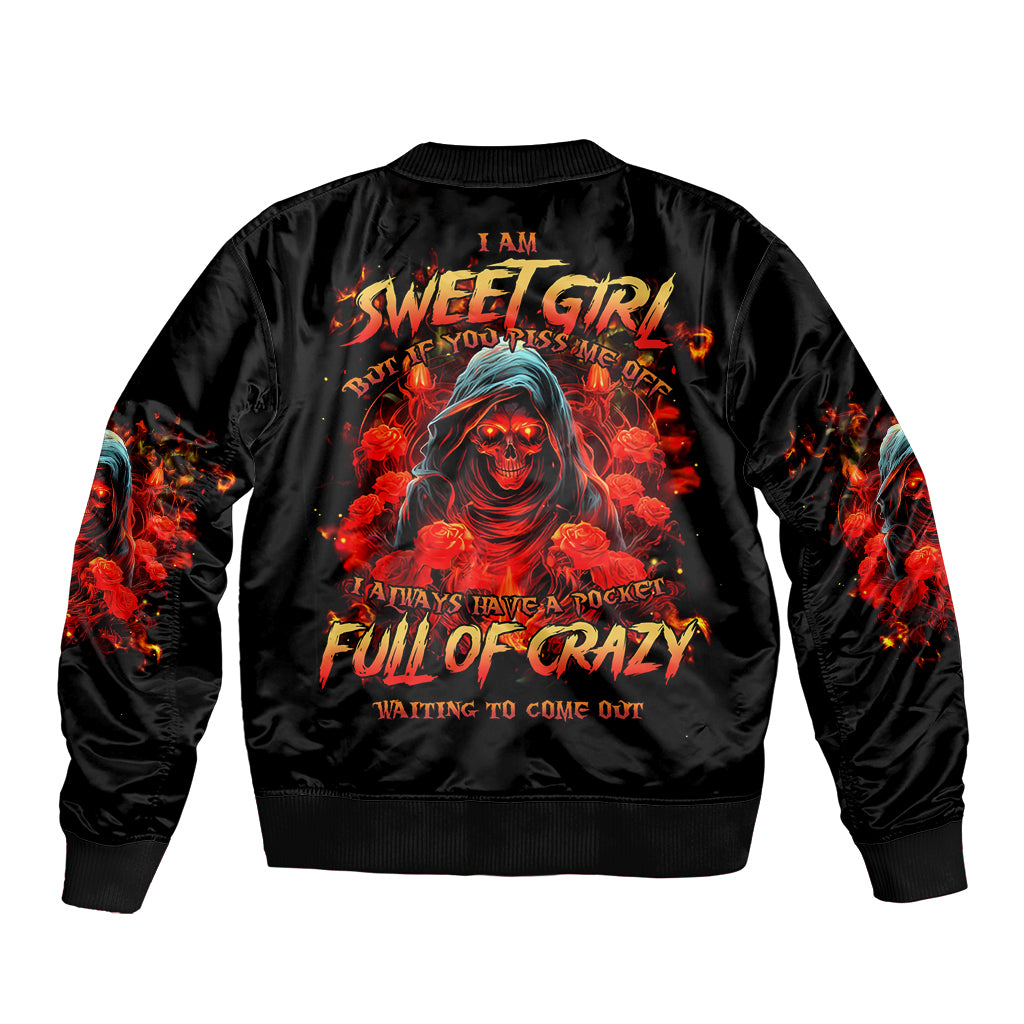 Rose Skull Sleeve Zip Bomber Jacket Iam Sweet Girl But If You Piss Me Off - Wonder Print Shop