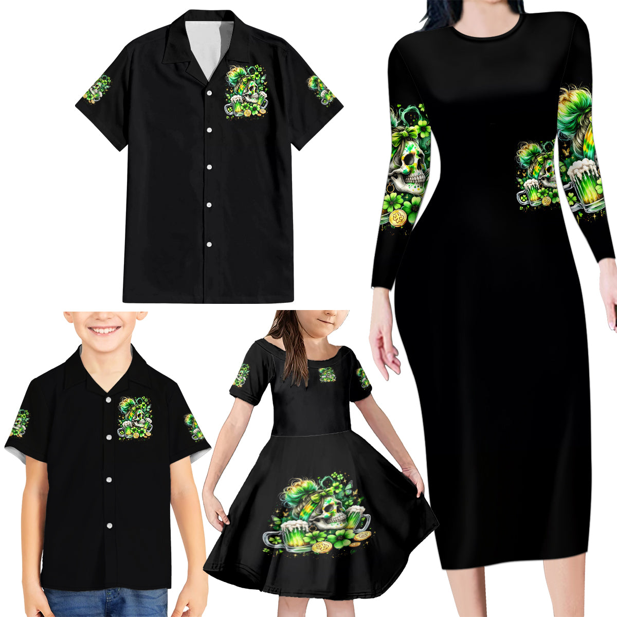 Irish Skull Family Matching Long Sleeve Bodycon Dress and Hawaiian Shirt Drink Up Bitches - Wonder Print Shop