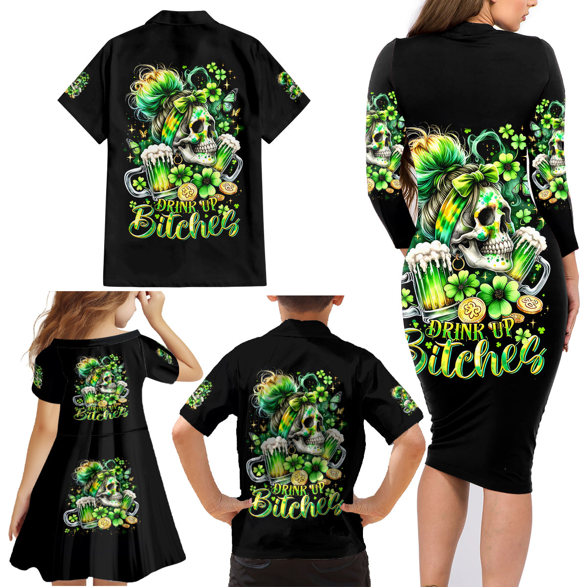 Irish Skull Family Matching Long Sleeve Bodycon Dress and Hawaiian Shirt Drink Up Bitches - Wonder Print Shop