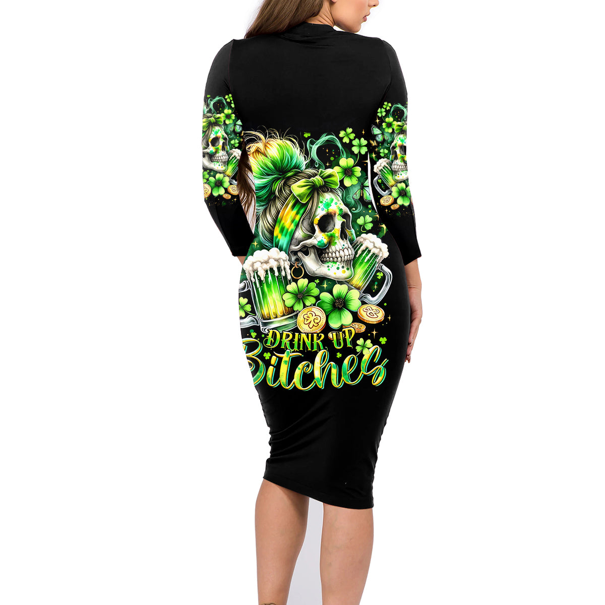 Irish Skull Family Matching Long Sleeve Bodycon Dress and Hawaiian Shirt Drink Up Bitches - Wonder Print Shop