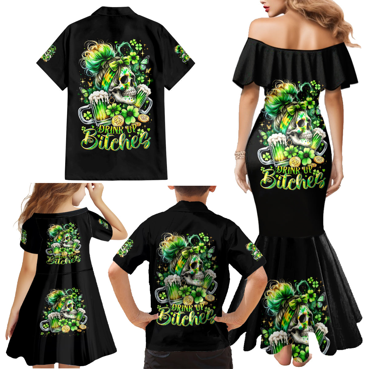 Irish Skull Family Matching Mermaid Dress and Hawaiian Shirt Drink Up Bitches - Wonder Print Shop