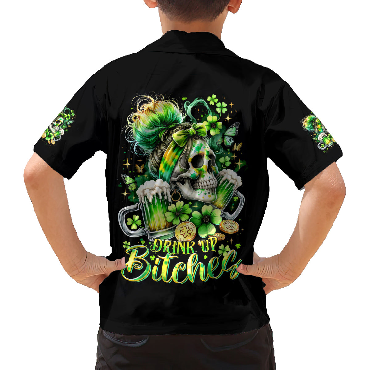 Irish Skull Family Matching Off Shoulder Long Sleeve Dress and Hawaiian Shirt Drink Up Bitches - Wonder Print Shop