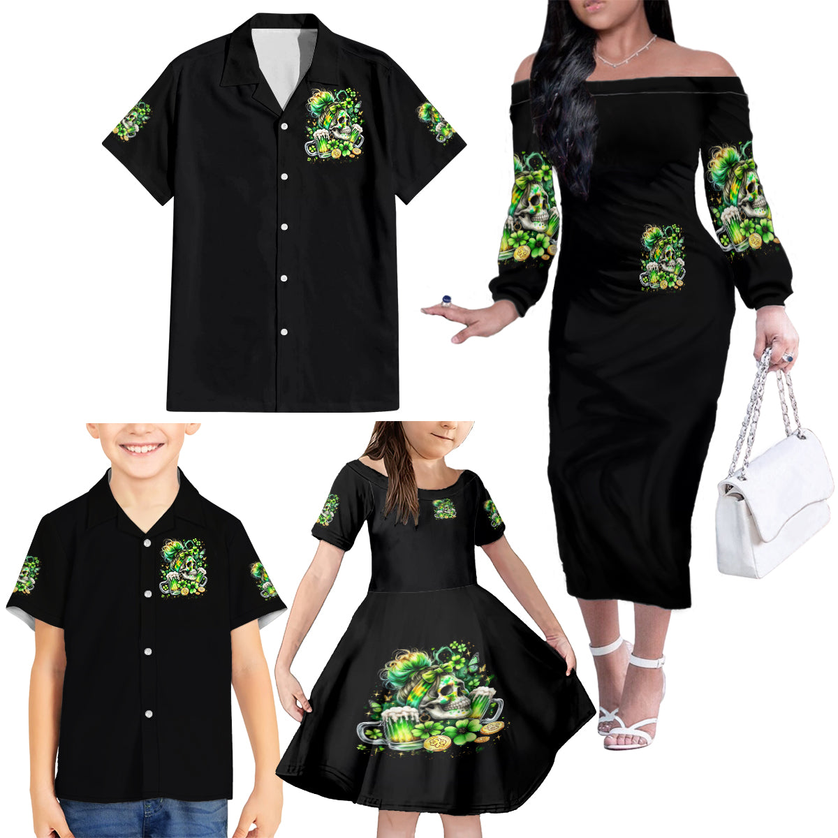 Irish Skull Family Matching Off Shoulder Long Sleeve Dress and Hawaiian Shirt Drink Up Bitches - Wonder Print Shop