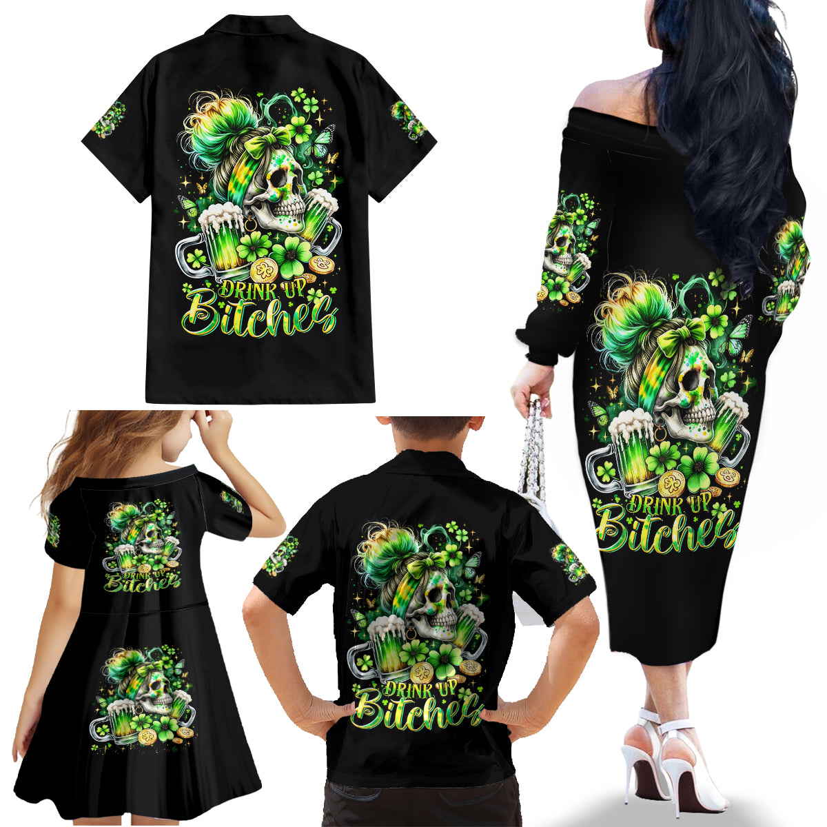 Irish Skull Family Matching Off Shoulder Long Sleeve Dress and Hawaiian Shirt Drink Up Bitches - Wonder Print Shop