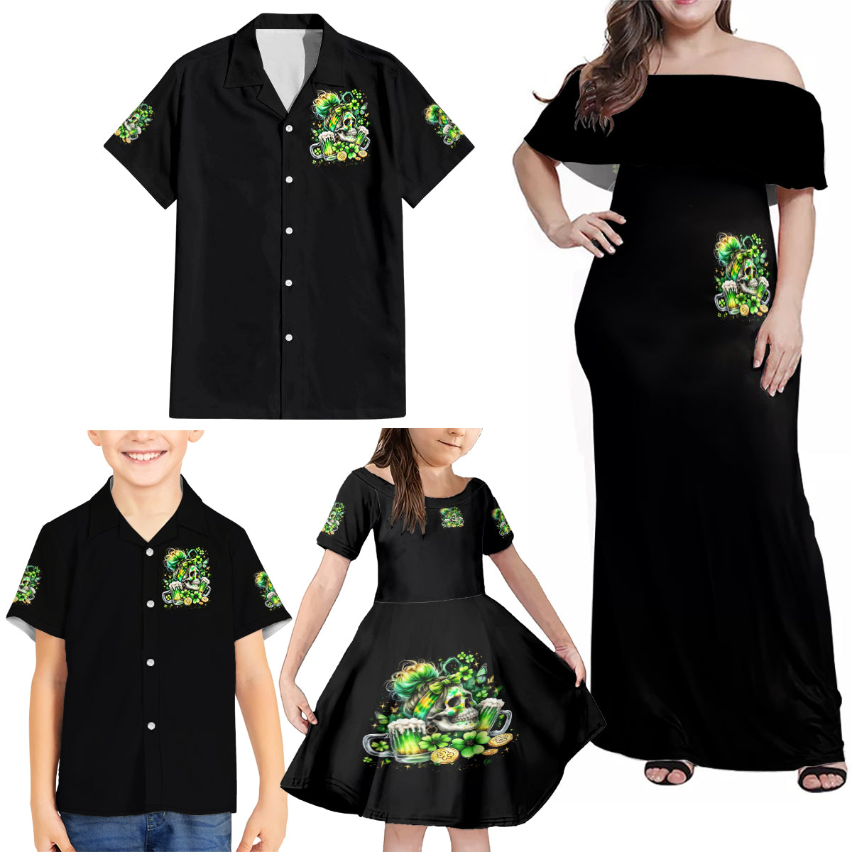 Irish Skull Family Matching Off Shoulder Maxi Dress and Hawaiian Shirt Drink Up Bitches - Wonder Print Shop