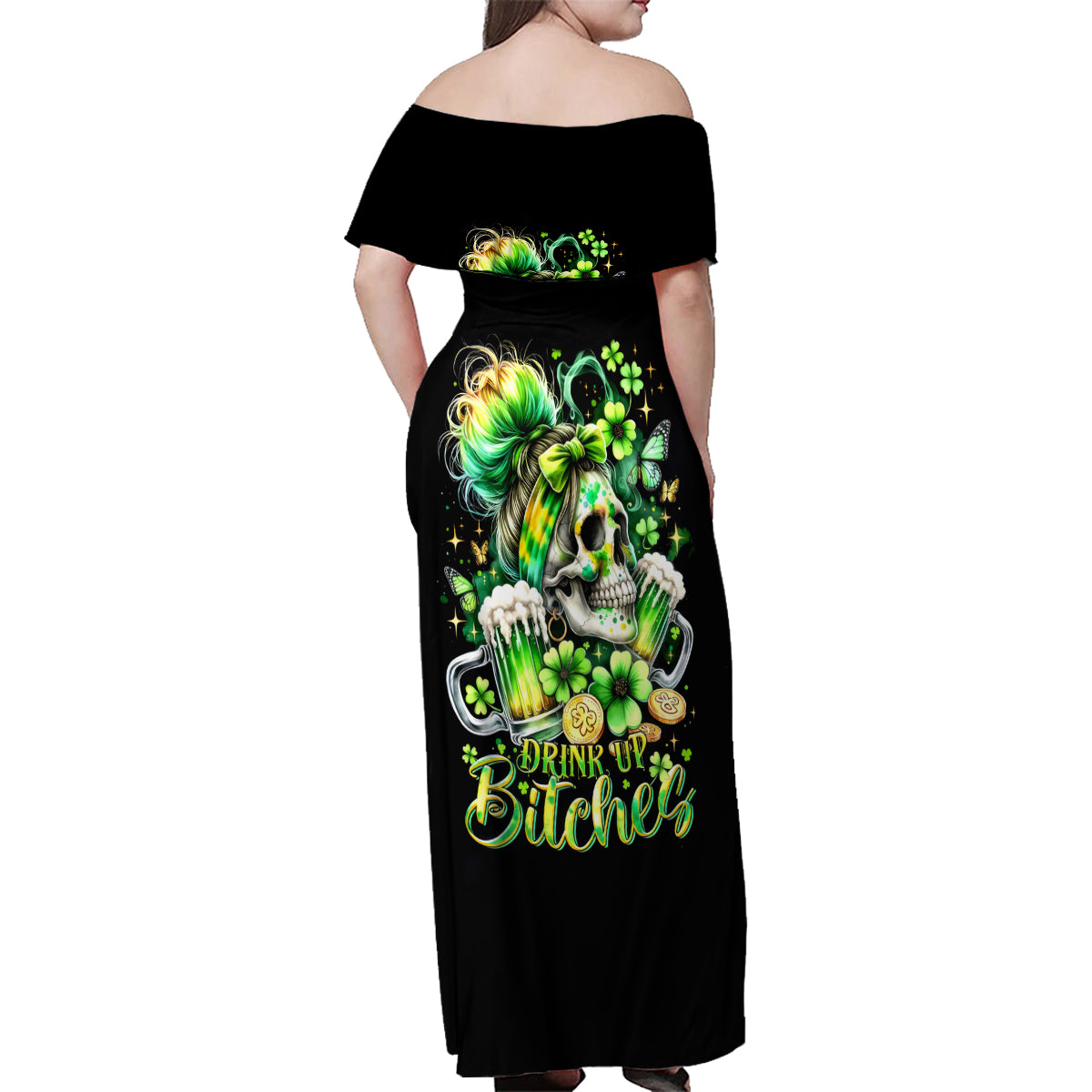 Irish Skull Family Matching Off Shoulder Maxi Dress and Hawaiian Shirt Drink Up Bitches - Wonder Print Shop