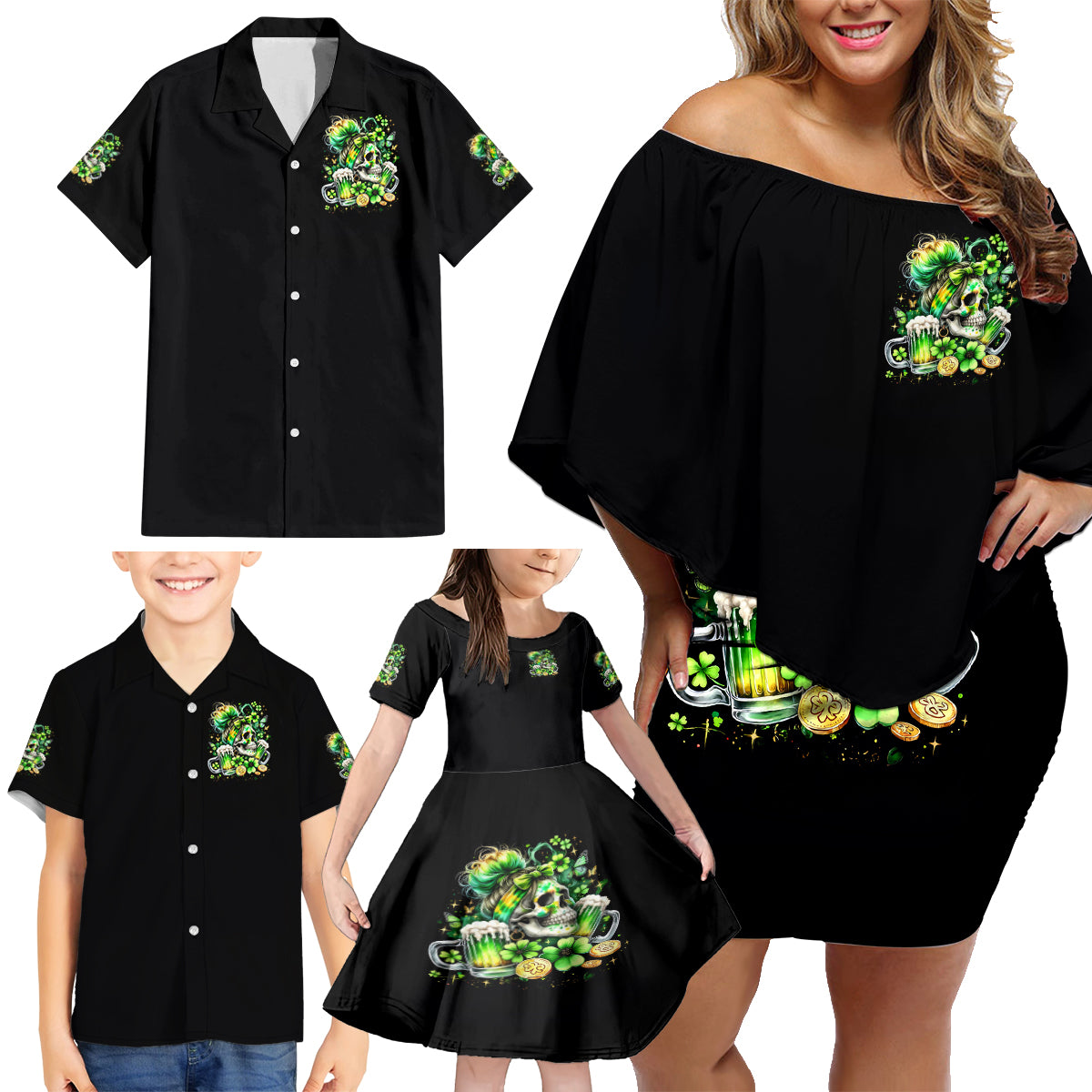 Irish Skull Family Matching Off Shoulder Short Dress and Hawaiian Shirt Drink Up Bitches - Wonder Print Shop