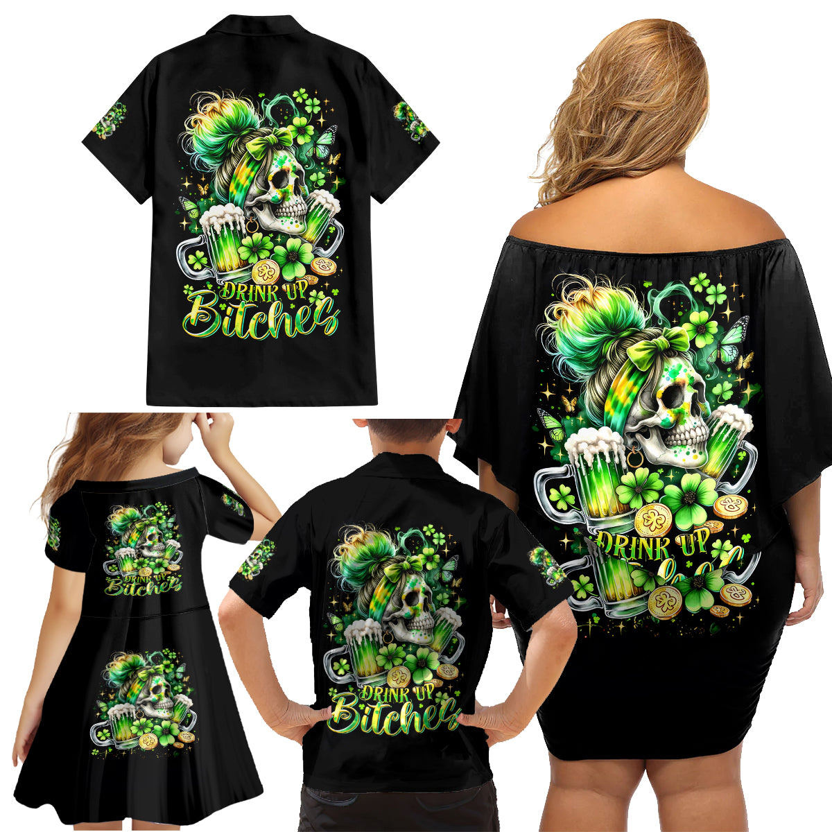 Irish Skull Family Matching Off Shoulder Short Dress and Hawaiian Shirt Drink Up Bitches - Wonder Print Shop