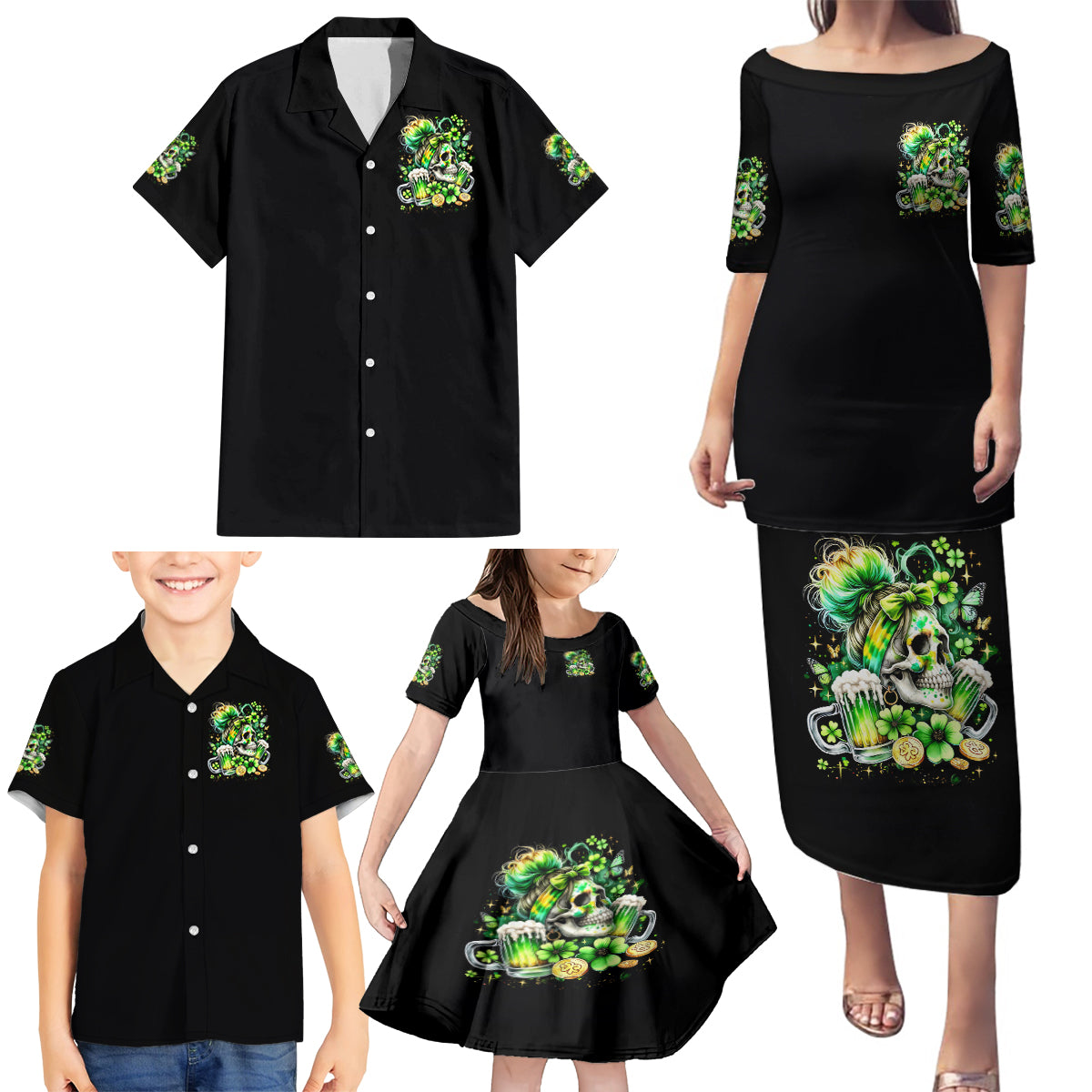 Irish Skull Family Matching Puletasi and Hawaiian Shirt Drink Up Bitches - Wonder Print Shop