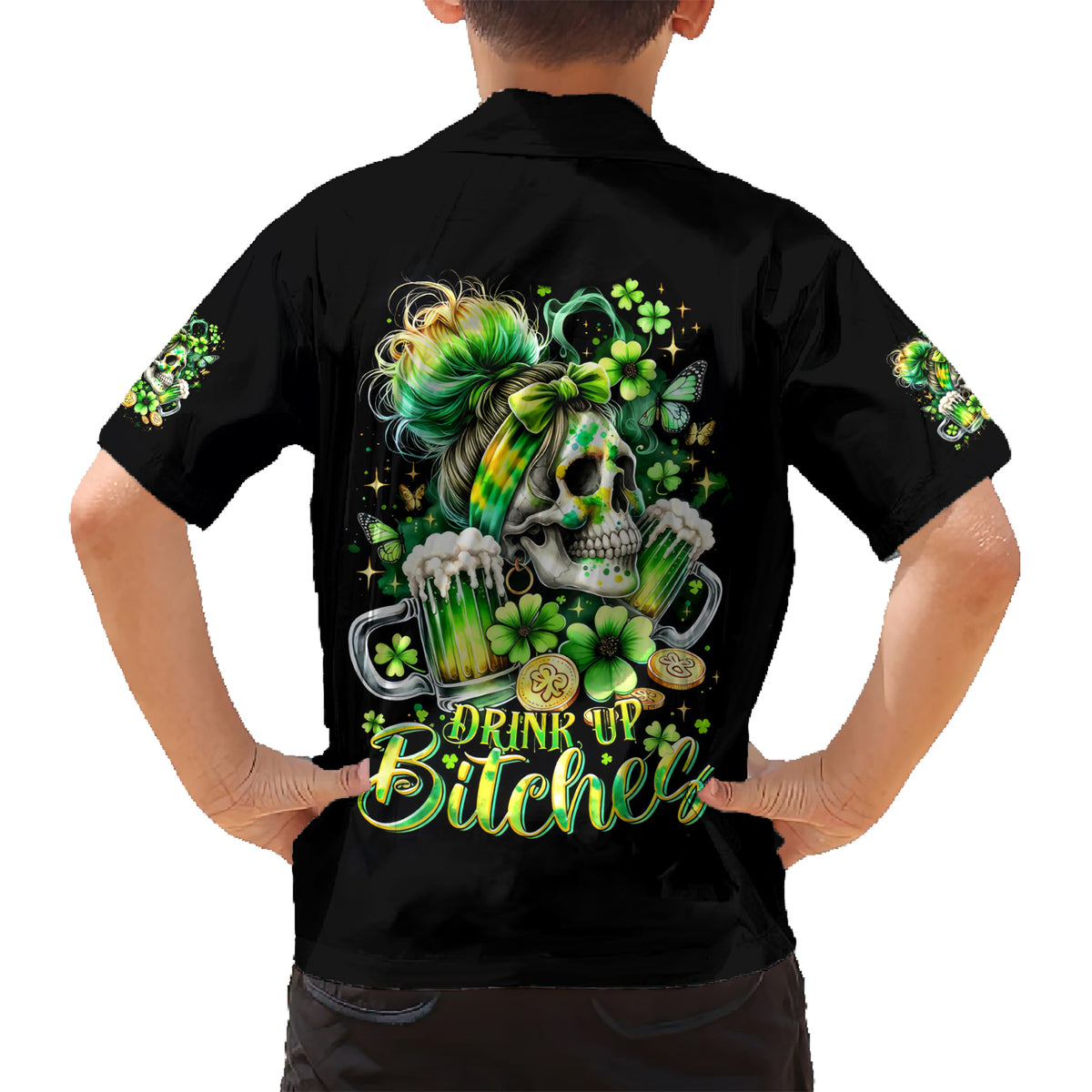 Irish Skull Family Matching Short Sleeve Bodycon Dress and Hawaiian Shirt Drink Up Bitches - Wonder Print Shop
