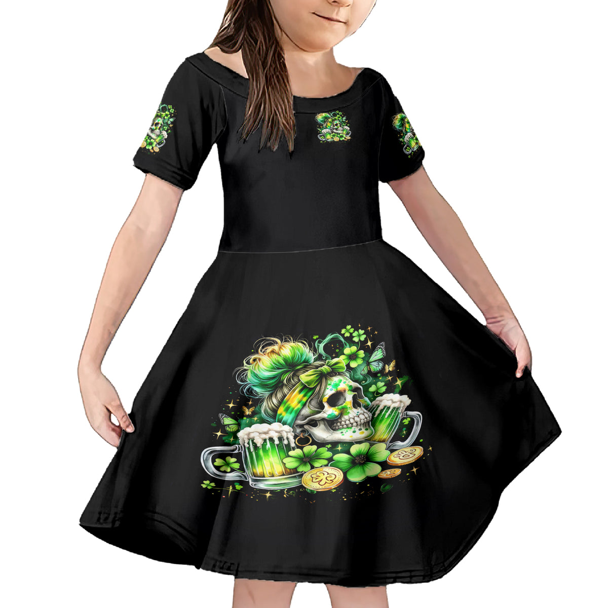 Irish Skull Family Matching Short Sleeve Bodycon Dress and Hawaiian Shirt Drink Up Bitches - Wonder Print Shop