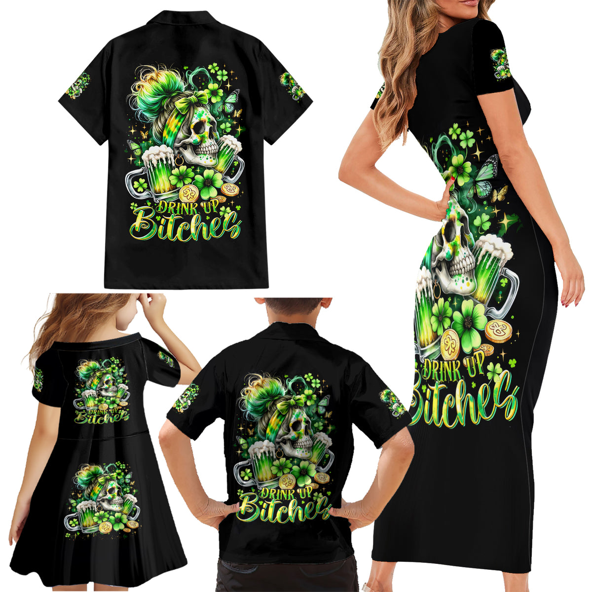 Irish Skull Family Matching Short Sleeve Bodycon Dress and Hawaiian Shirt Drink Up Bitches - Wonder Print Shop