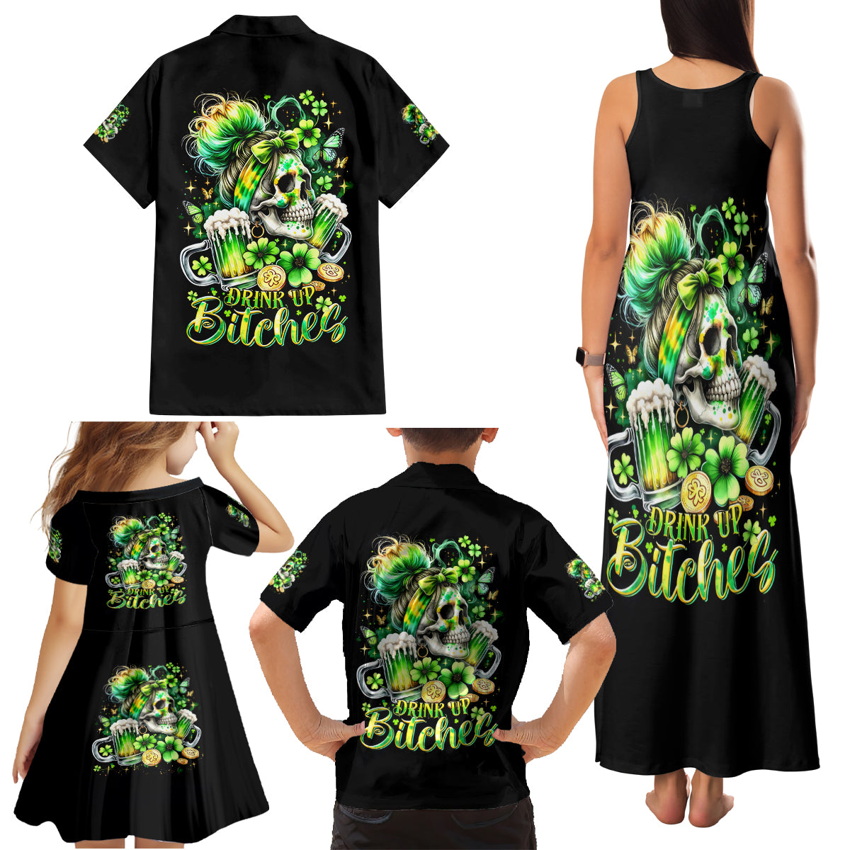 Irish Skull Family Matching Tank Maxi Dress and Hawaiian Shirt Drink Up Bitches - Wonder Print Shop