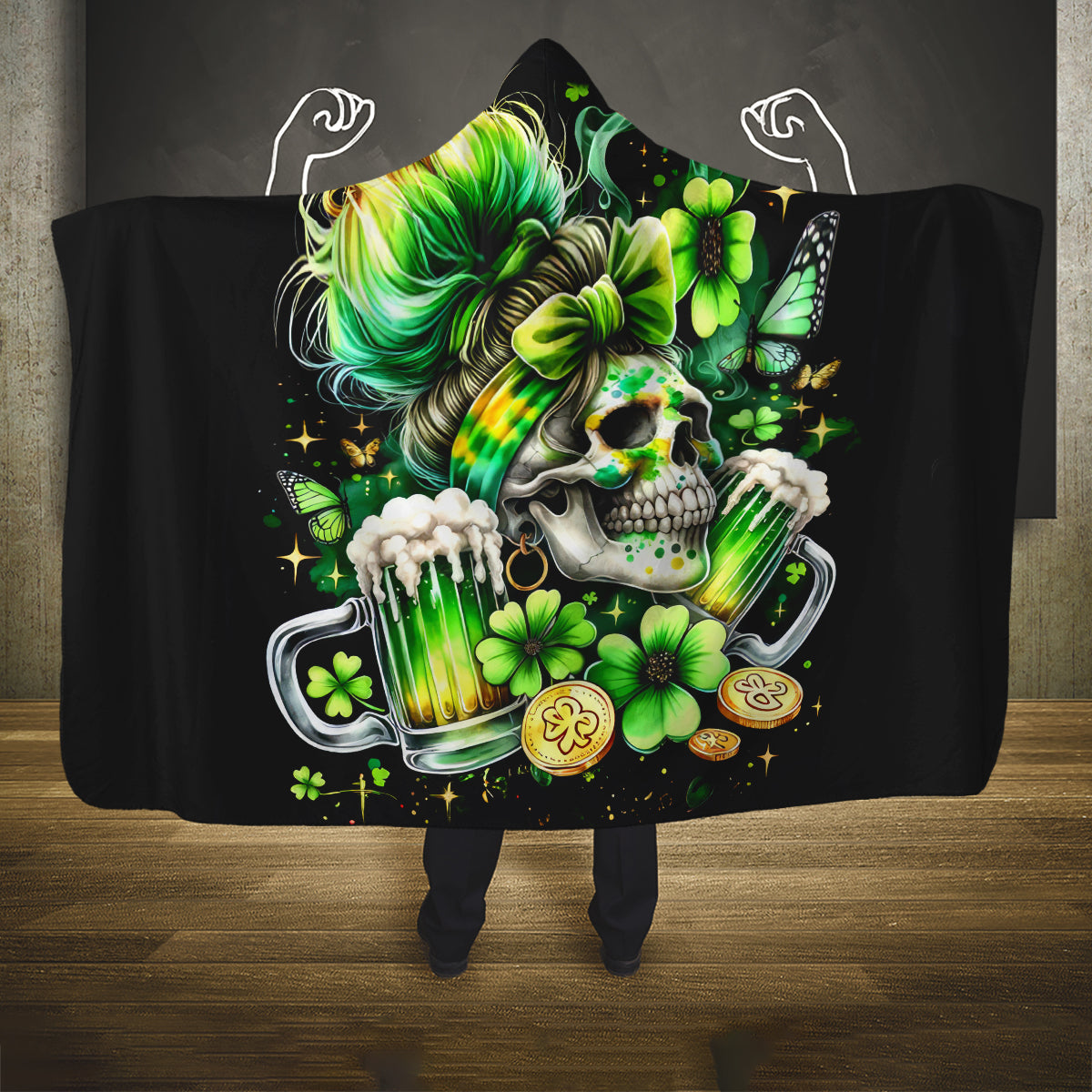 Irish Skull Hooded Blanket Drink Up Bitches