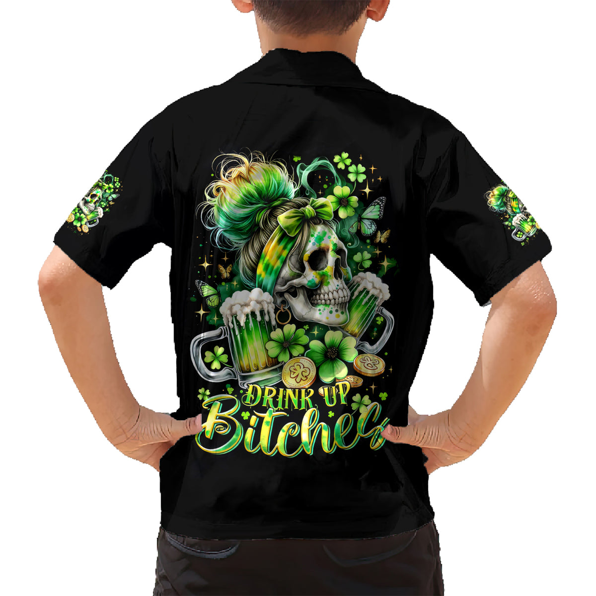 Irish Skull Kid Hawaiian Shirt Drink Up Bitches - Wonder Print Shop