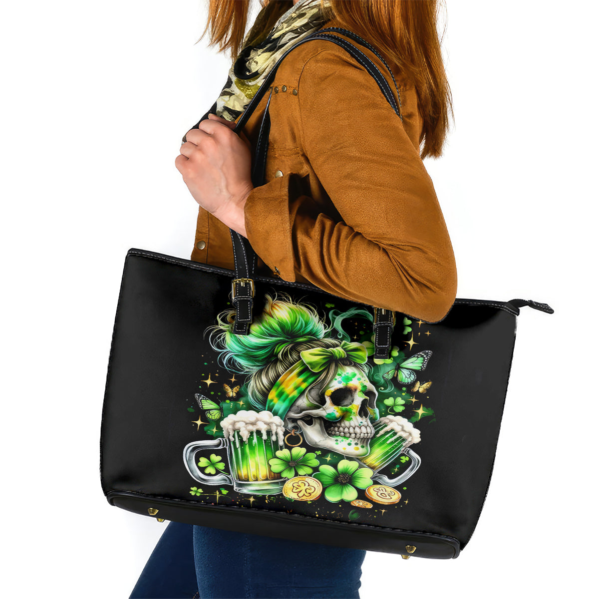 Irish Skull Leather Tote Bag Drink Up Bitches - Wonder Print Shop