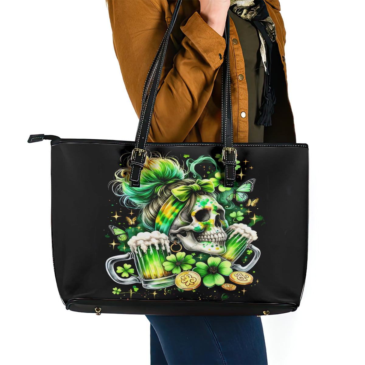 Irish Skull Leather Tote Bag Drink Up Bitches - Wonder Print Shop