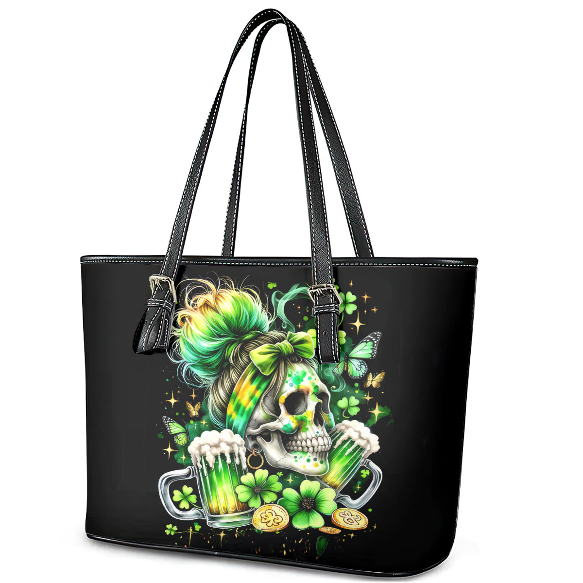 Irish Skull Leather Tote Bag Drink Up Bitches - Wonder Print Shop