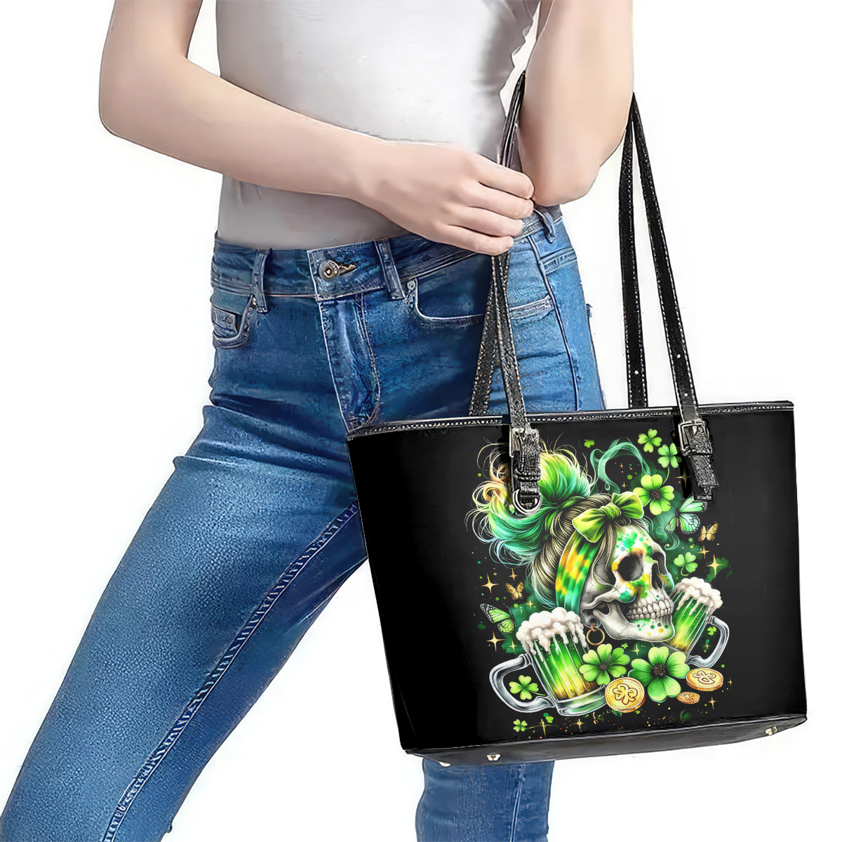 Irish Skull Leather Tote Bag Drink Up Bitches - Wonder Print Shop
