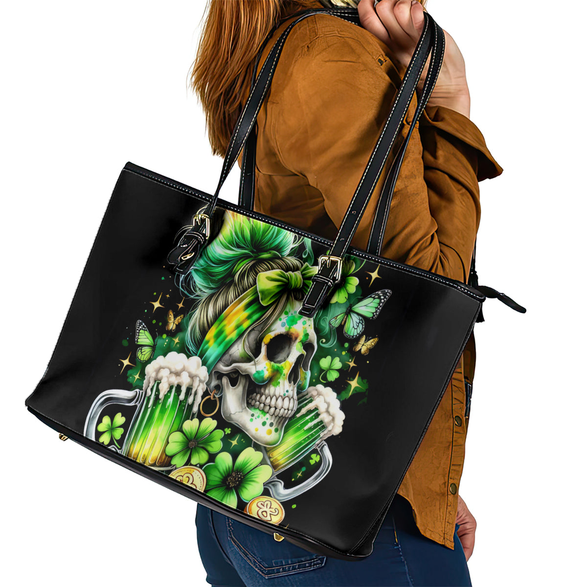 Irish Skull Leather Tote Bag Drink Up Bitches - Wonder Print Shop