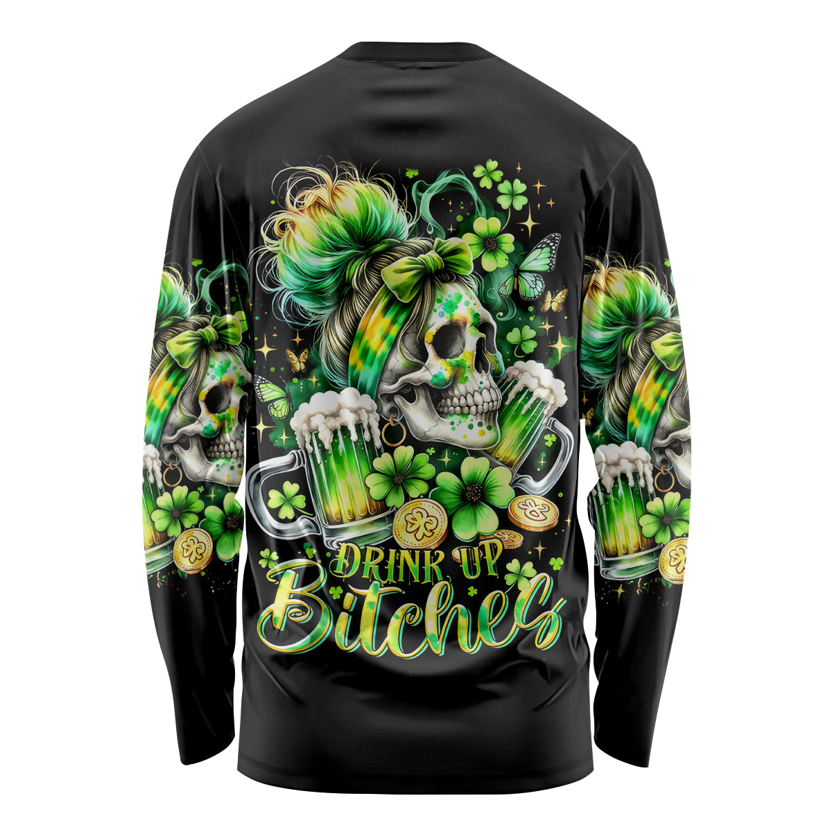 Irish Skull Long Sleeve Shirt Drink Up Bitches - Wonder Print Shop
