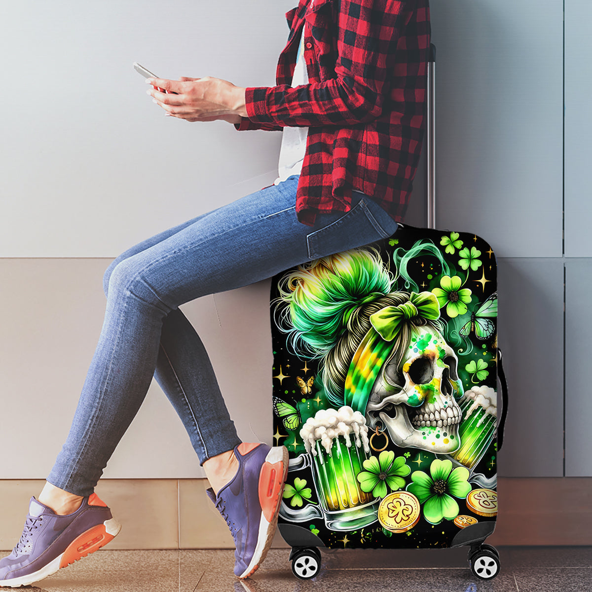 Irish Skull Luggage Cover Drink Up Bitches - Wonder Print Shop