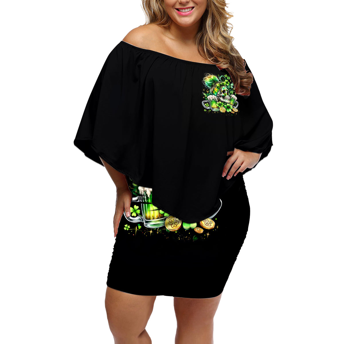Irish Skull Off Shoulder Short Dress Drink Up Bitches - Wonder Print Shop