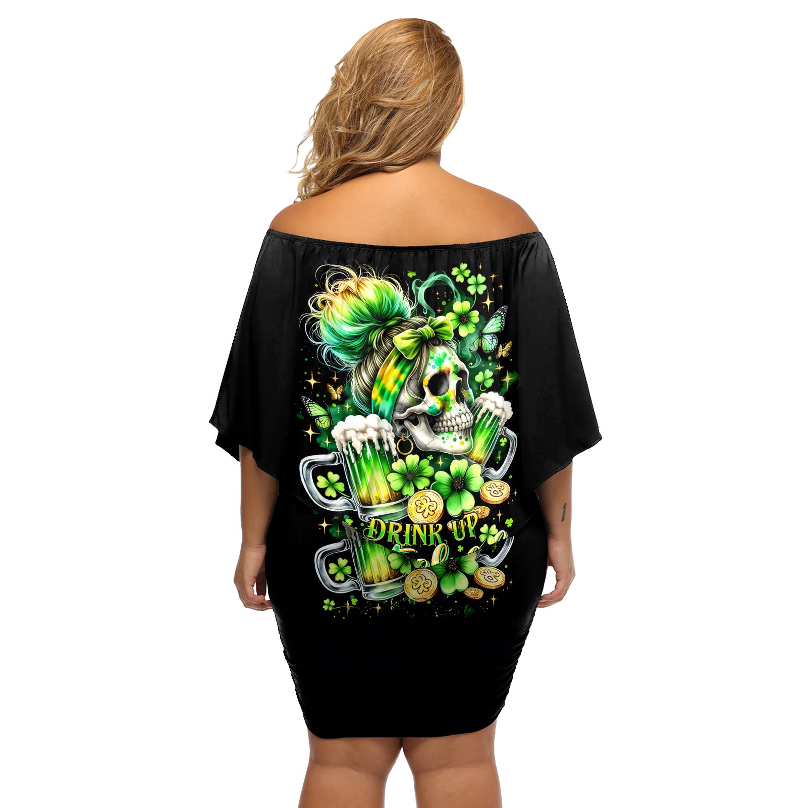 Irish Skull Off Shoulder Short Dress Drink Up Bitches - Wonder Print Shop