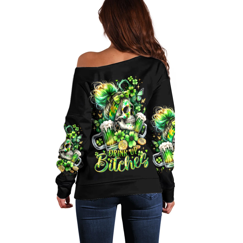 Irish Skull Off Shoulder Sweater Drink Up Bitches - Wonder Print Shop