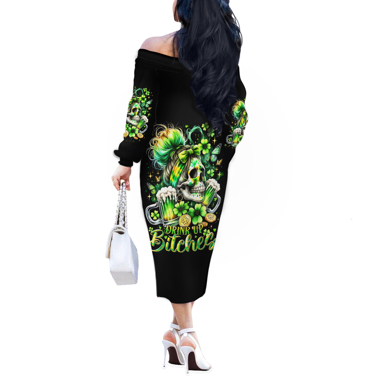Irish Skull Off The Shoulder Long Sleeve Dress Drink Up Bitches - Wonder Print Shop