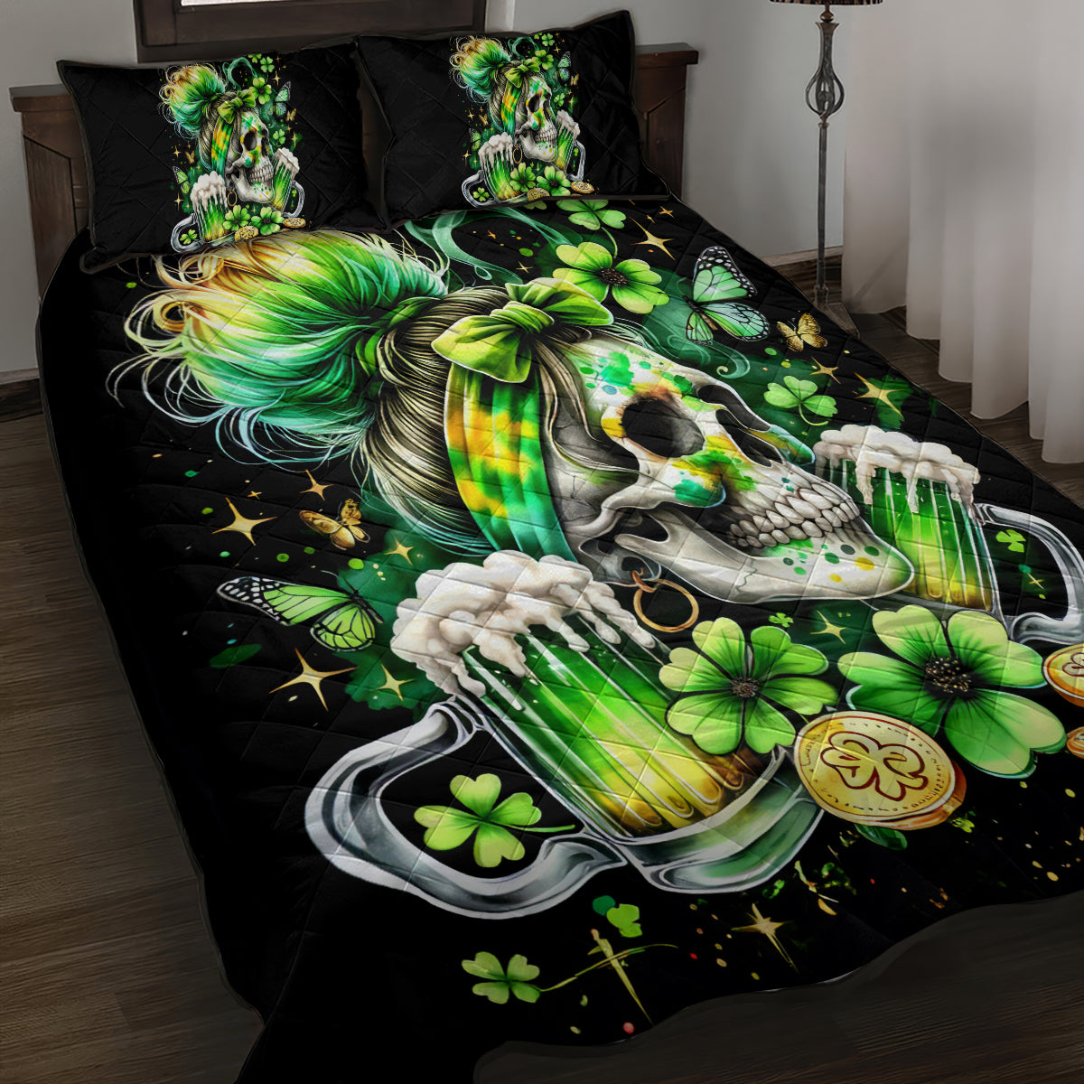 Irish Skull Quilt Bed Set Drink Up Bitches - Wonder Print Shop