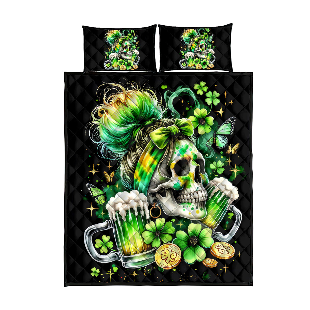 Irish Skull Quilt Bed Set Drink Up Bitches - Wonder Print Shop